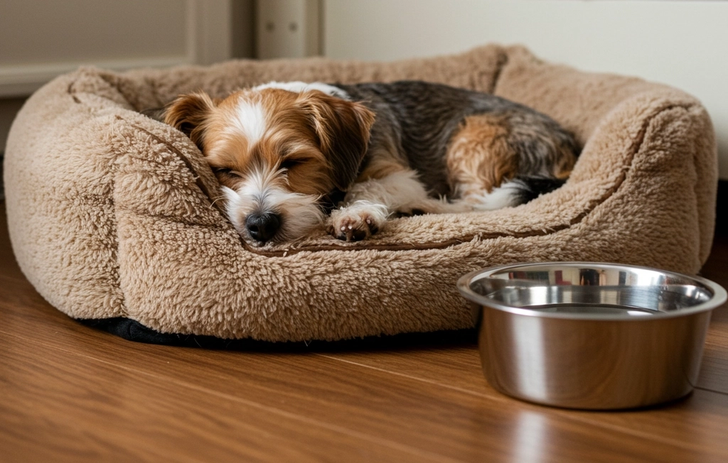 Beagle puppy resting in a dog bed next to a water bowl