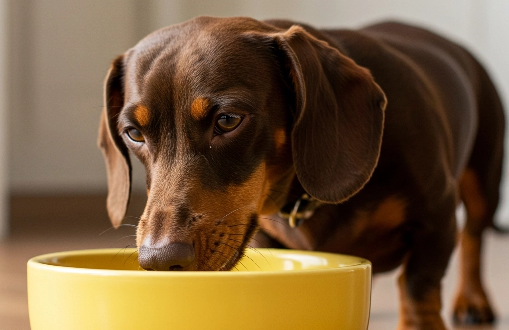 Brown Dachshund dog drinking water from a yellow bowl