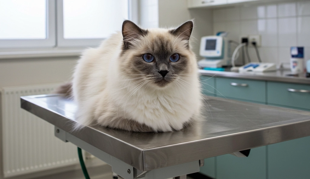 Fluffy Siamese cat sitting on a veterinary examination table