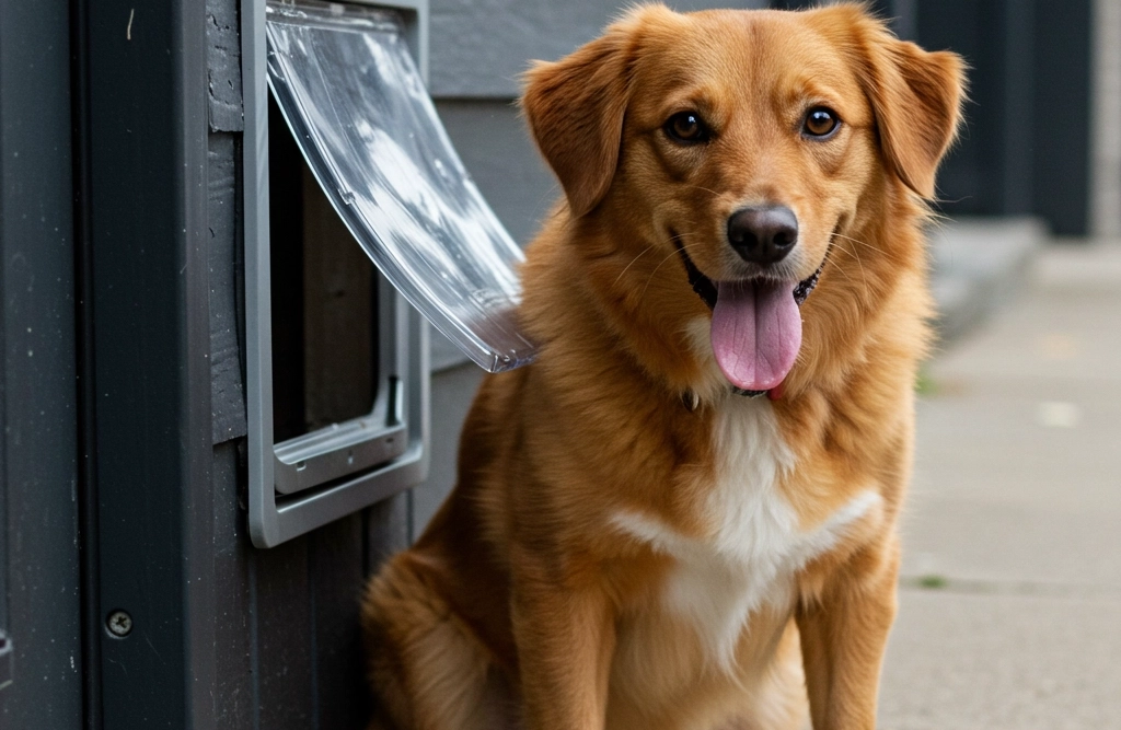 Golden retriever mix sitting and panting happily on a porch