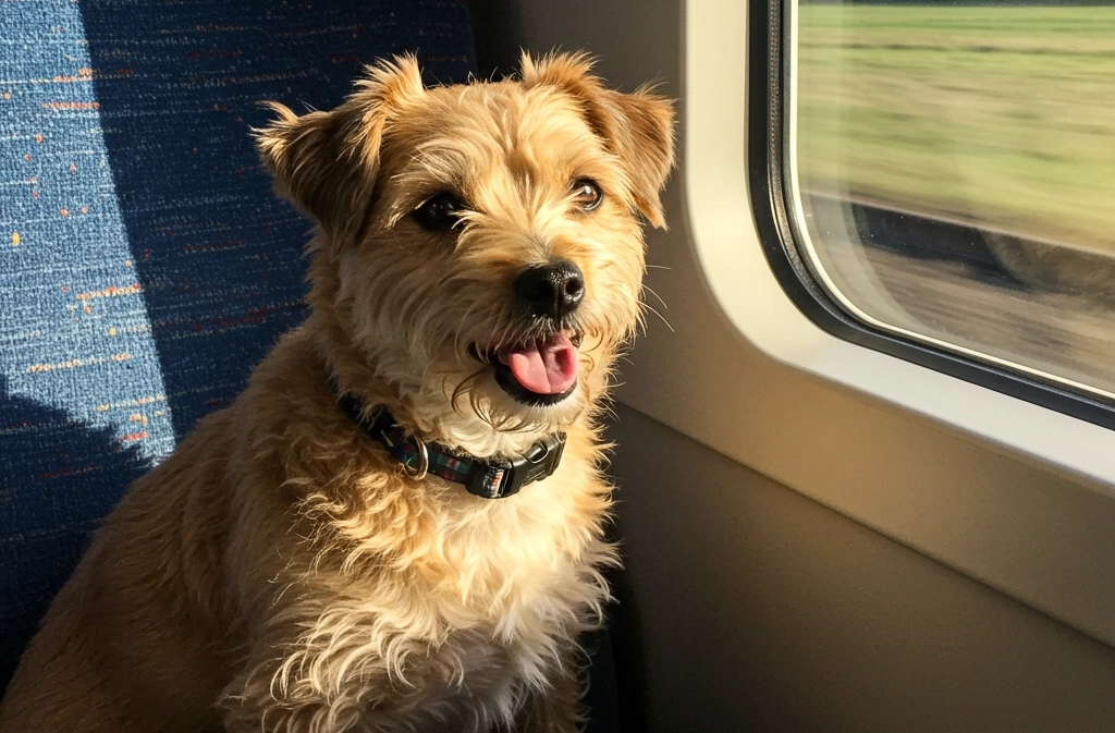 Happy brown dog looking out a train window