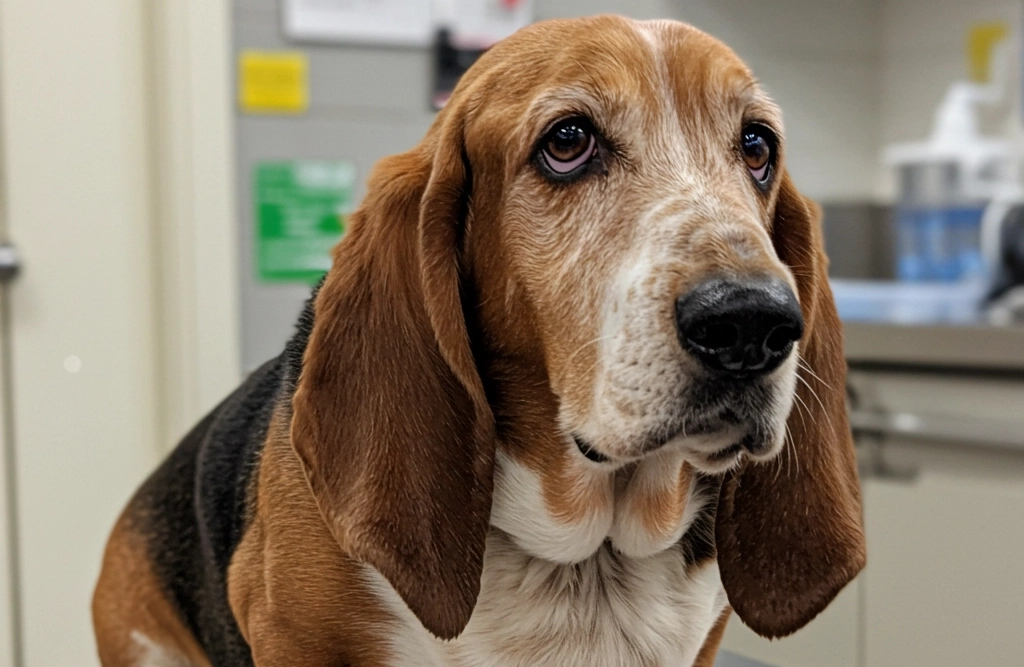 Senior Basset Hound sitting on a veterinary table, looking up