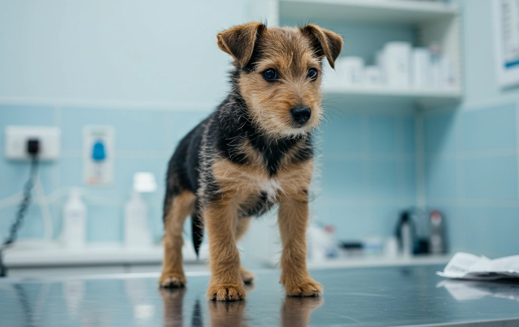 Small brown and black puppy standing on a vet clinic table
