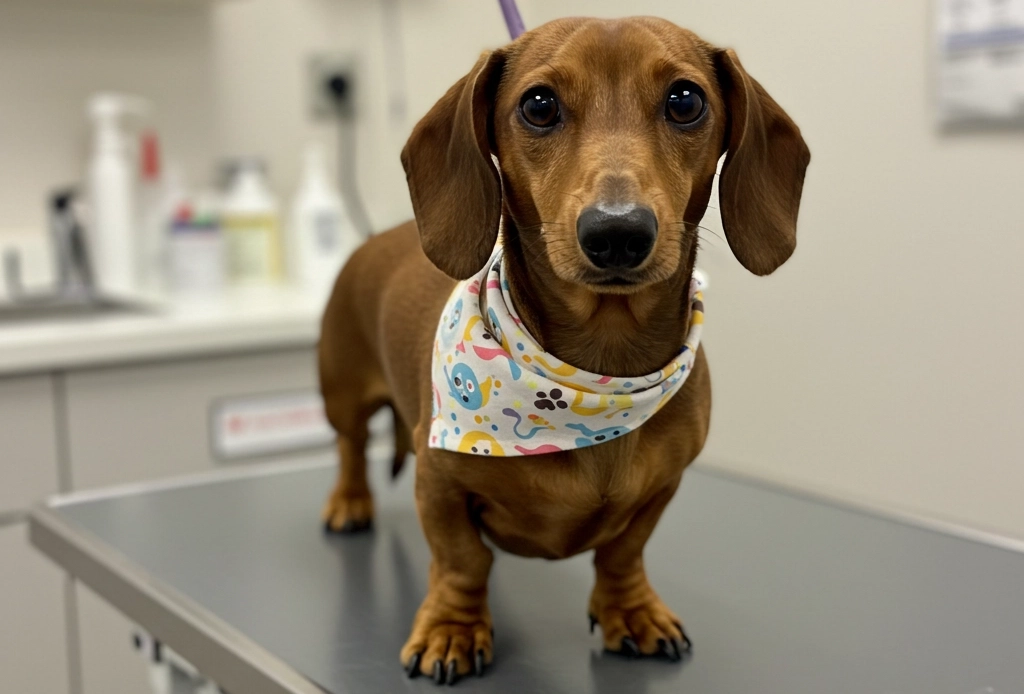 Small brown dog wearing a bandana, sitting on a veterinary examination table