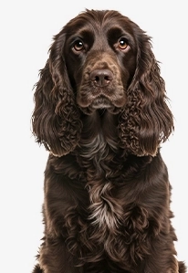 Brown curly-haired dog sitting and looking calm