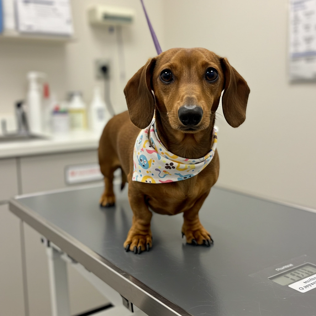 Small brown dog wearing a bandana, sitting on a veterinary examination table
