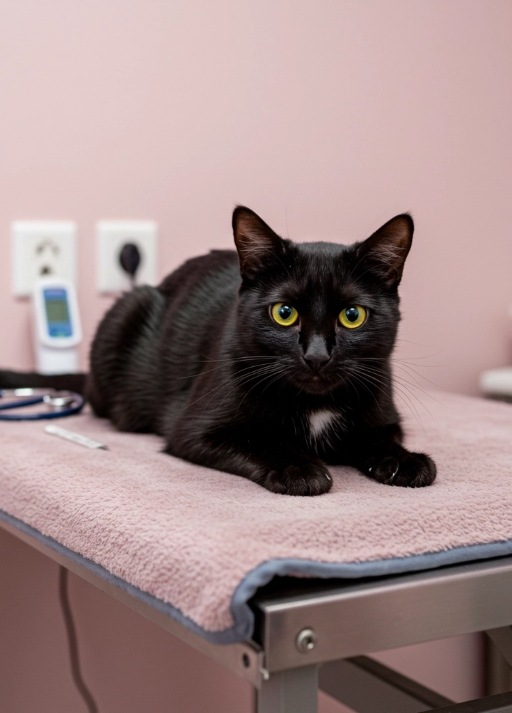 Black cat lying on a pink examination table in a veterinary clinic
