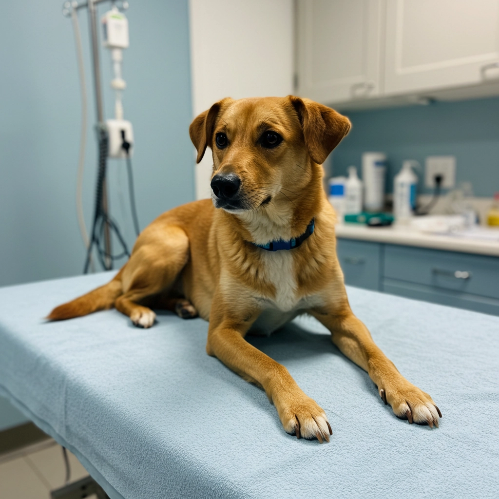 Medium-sized brown dog sitting on a blue veterinary examination table