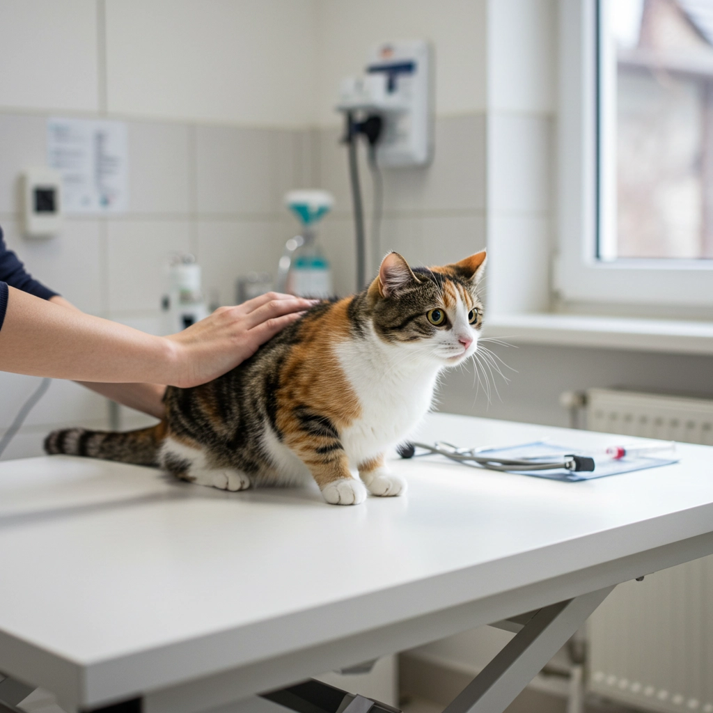 Veterinarian examining an orange and white cat on a clinic table