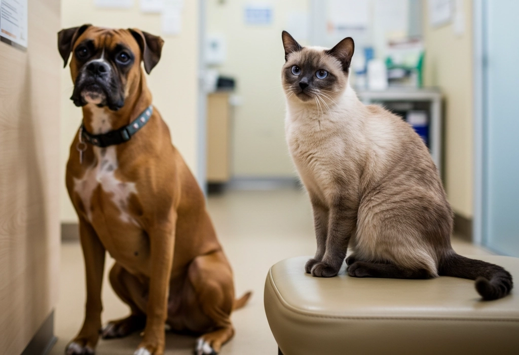 a dog and a cat sitting in a veterinary clinic hallway