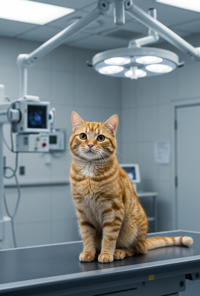 Ginger cat sitting on a veterinary table