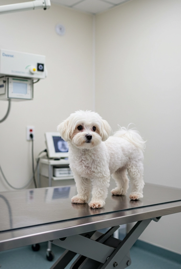 Small white dog standing on a vet examination table in a clinical setting