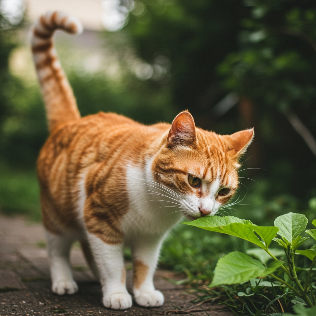 Orange and white cat walking through green foliage