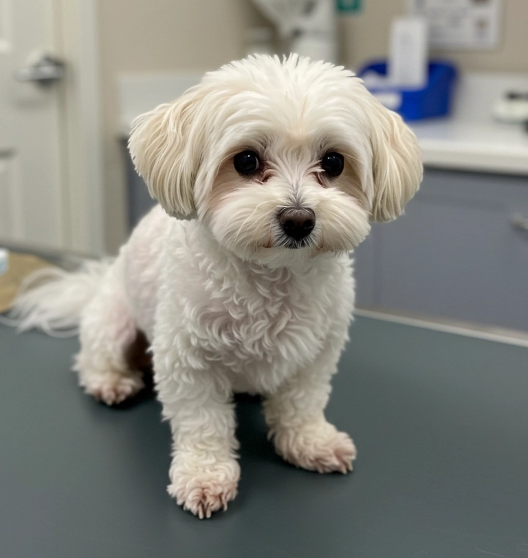 Small white dog standing on a vet examination table