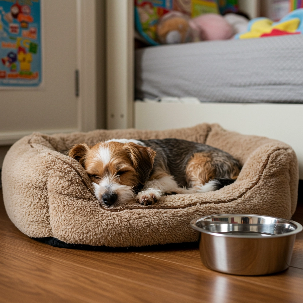 Beagle puppy resting in a dog bed next to a water bowl