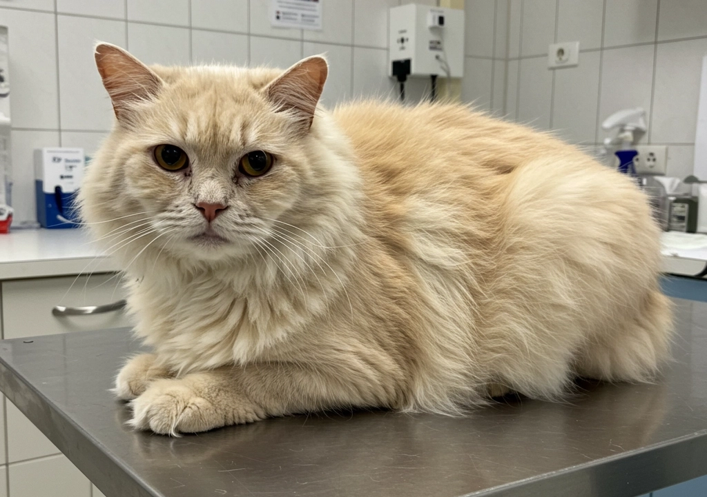 Senior cream-colored cat sitting on a veterinary examination table