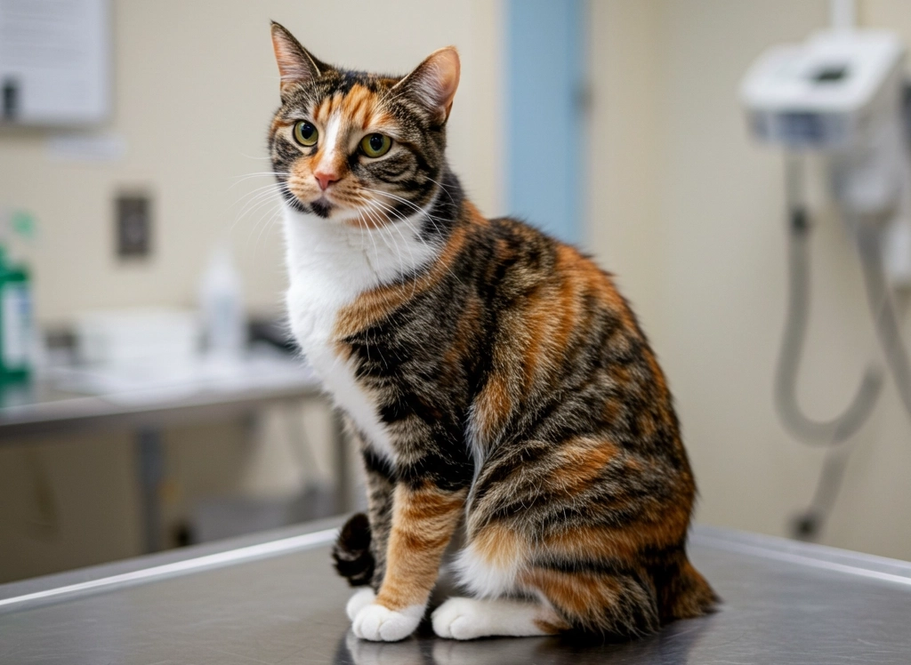 Tabby and white cat sitting on a veterinary table