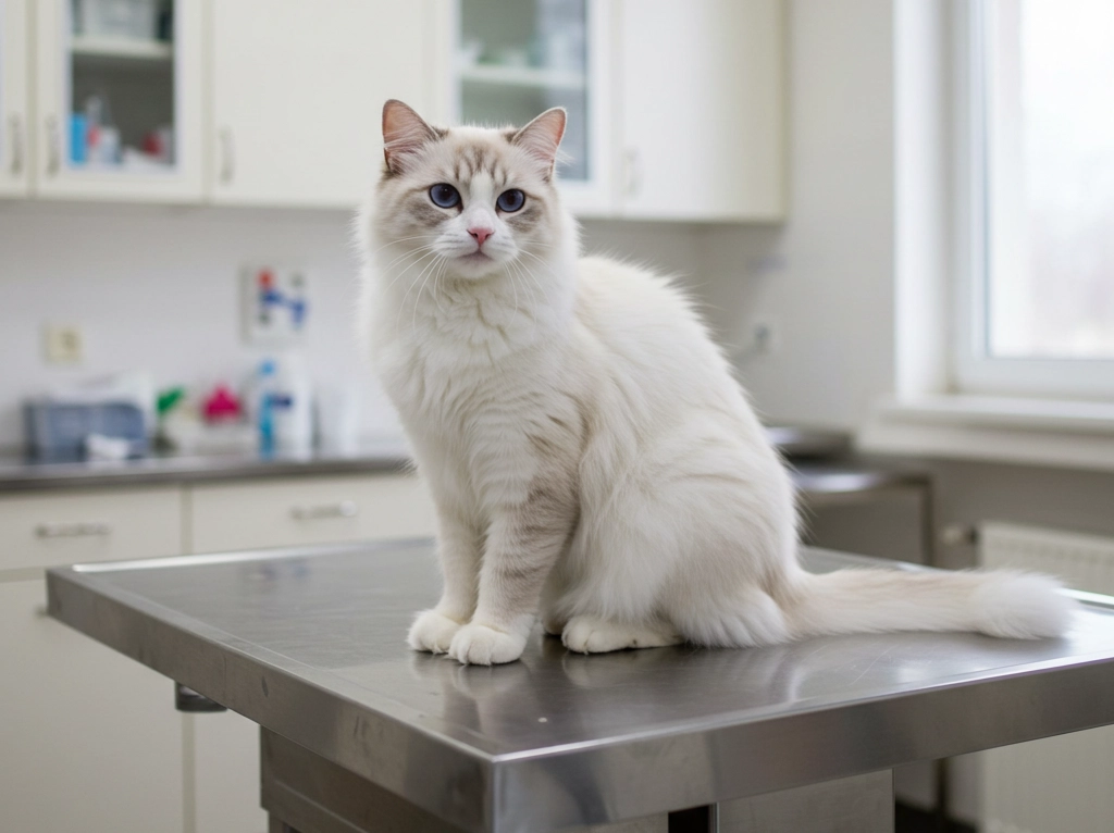 Fluffy white cat in a veterinary clinic