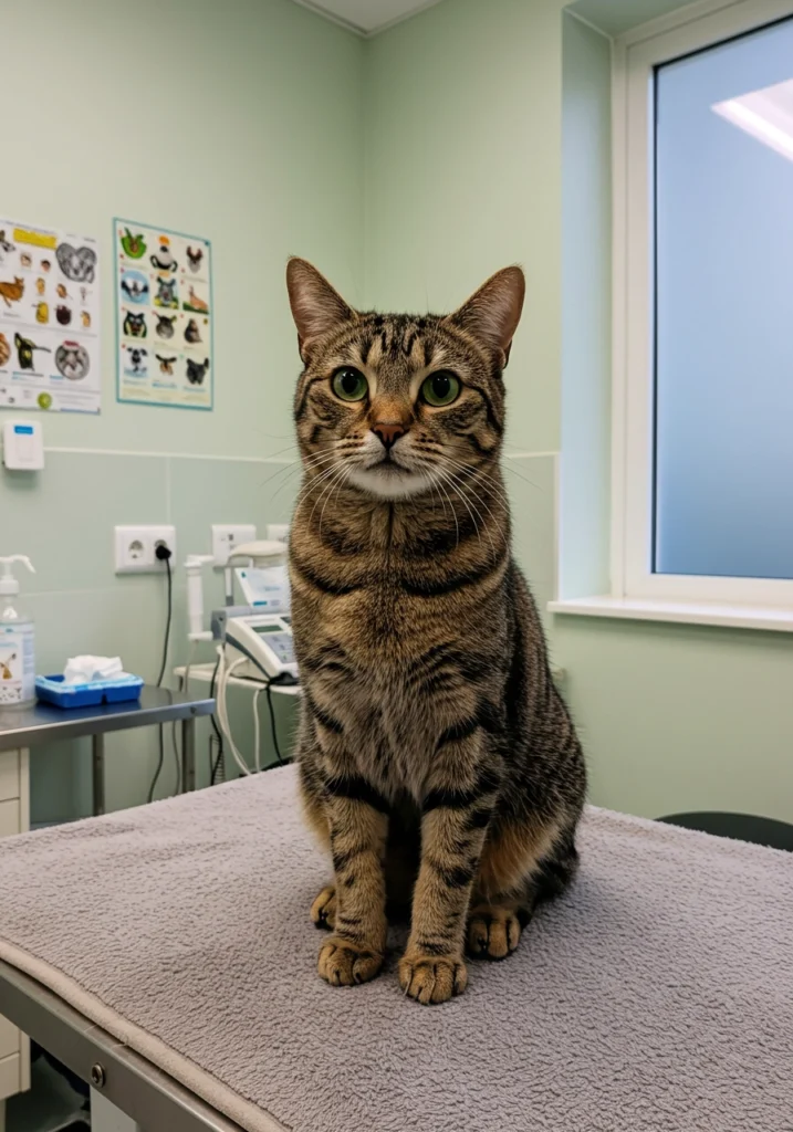 friendly brown cat in a veterinary clinic (no people around)