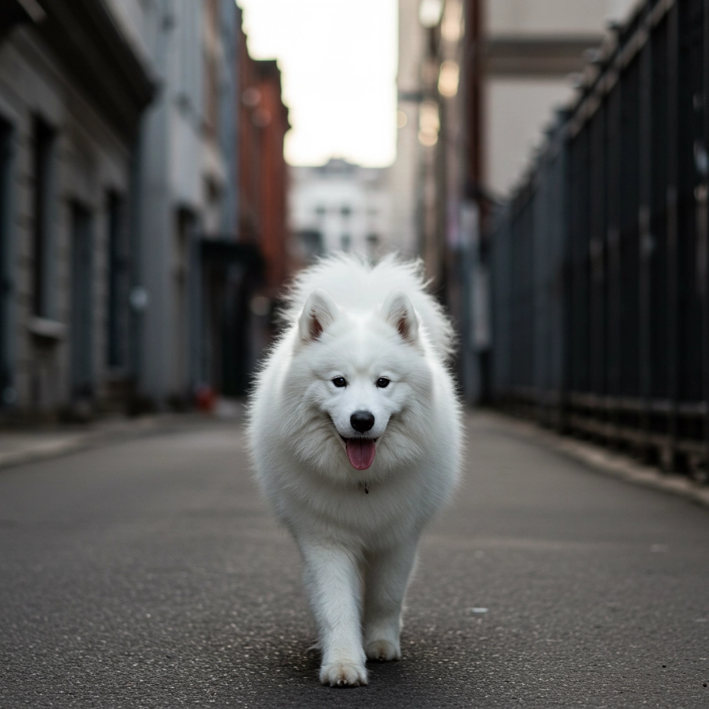 Fluffy white dog walking down an urban alleyway