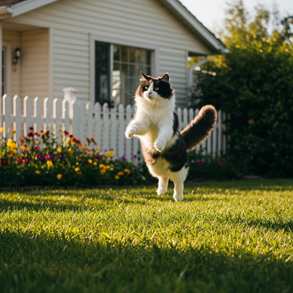 Black and white cat jumping in a grassy backyard