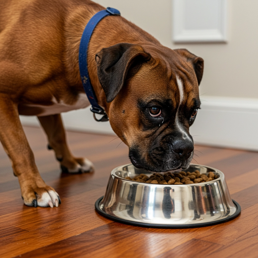 Brown Boxer dog wearing a blue collar eating from a metal bowl