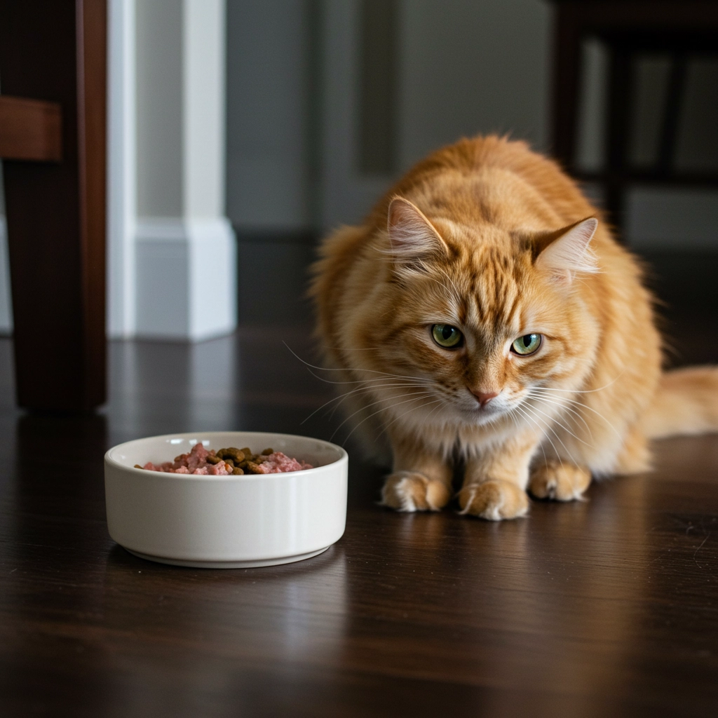 Orange tabby cat cautiously sniffing food in a white bowl