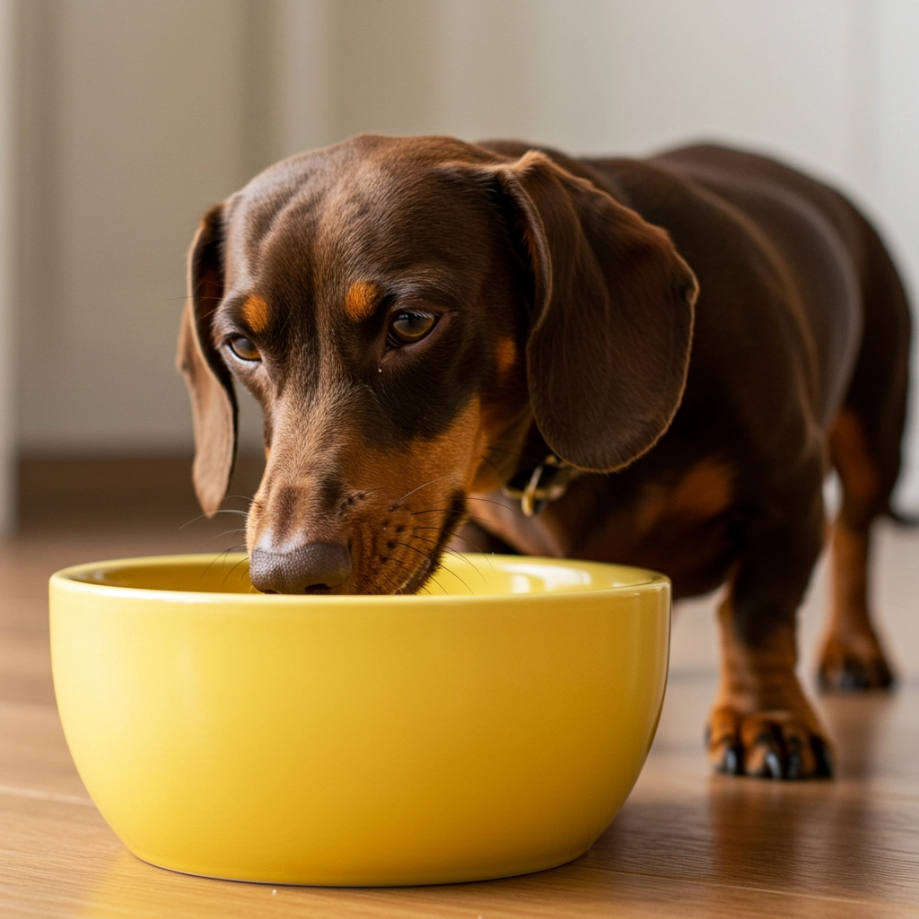 Brown Dachshund dog drinking water from a yellow bowl