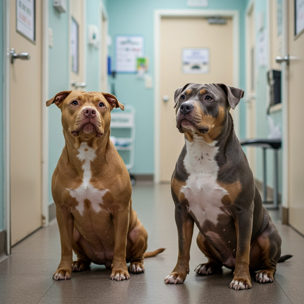Two dogs in a veterinary clinic