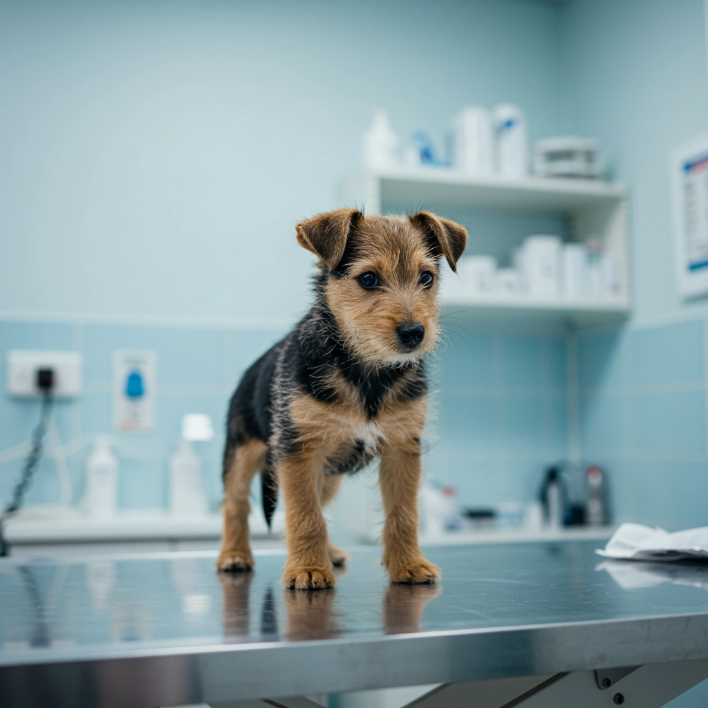 Small brown and black puppy standing on a vet clinic table