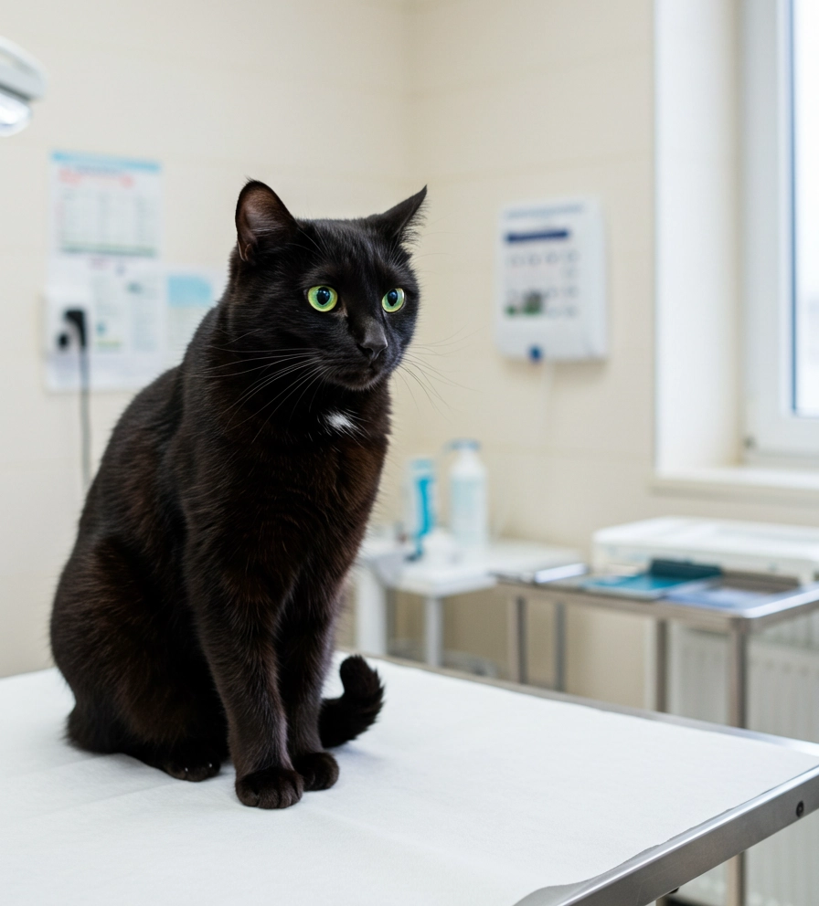 quiet and seated cat in a veterinary clinic