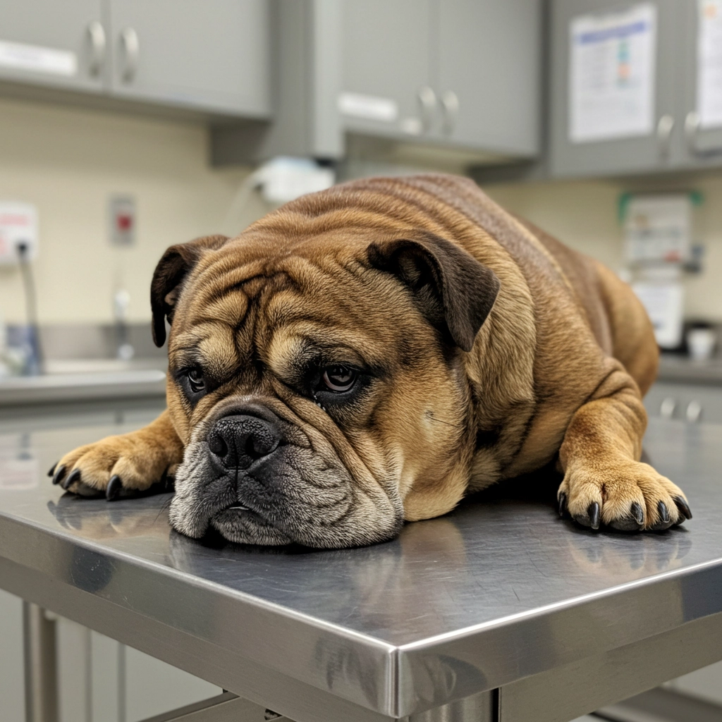 Senior brown Bulldog resting its head on a vet table