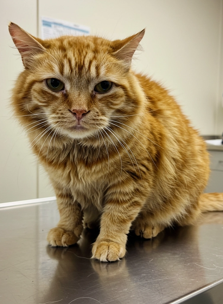 Orange senior cat in a veterinary clinic