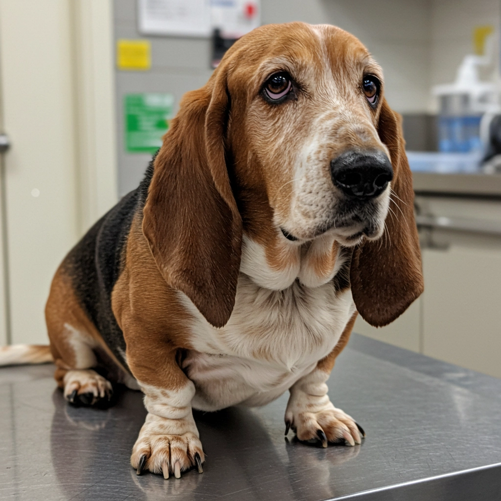 Senior Basset Hound sitting on a veterinary table, looking up