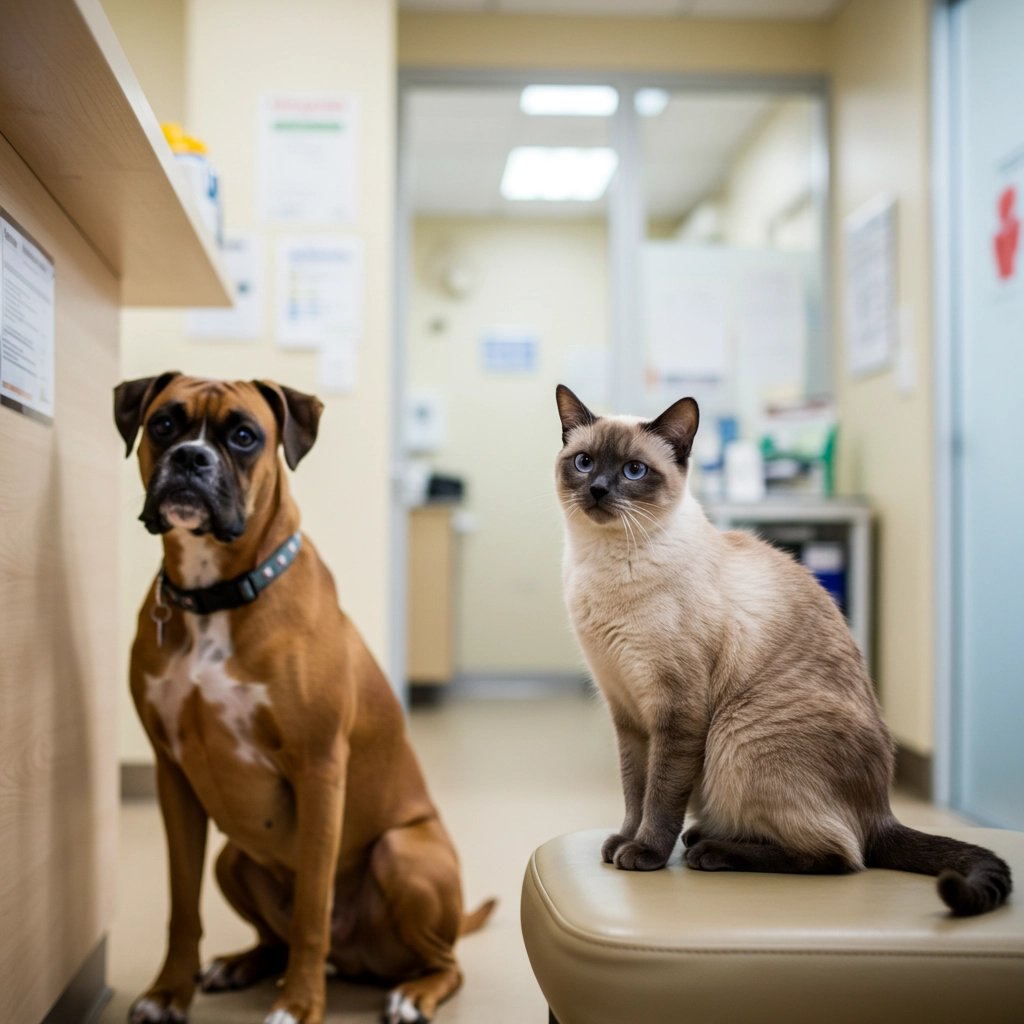 a dog and a cat sitting in a veterinary clinic hallway