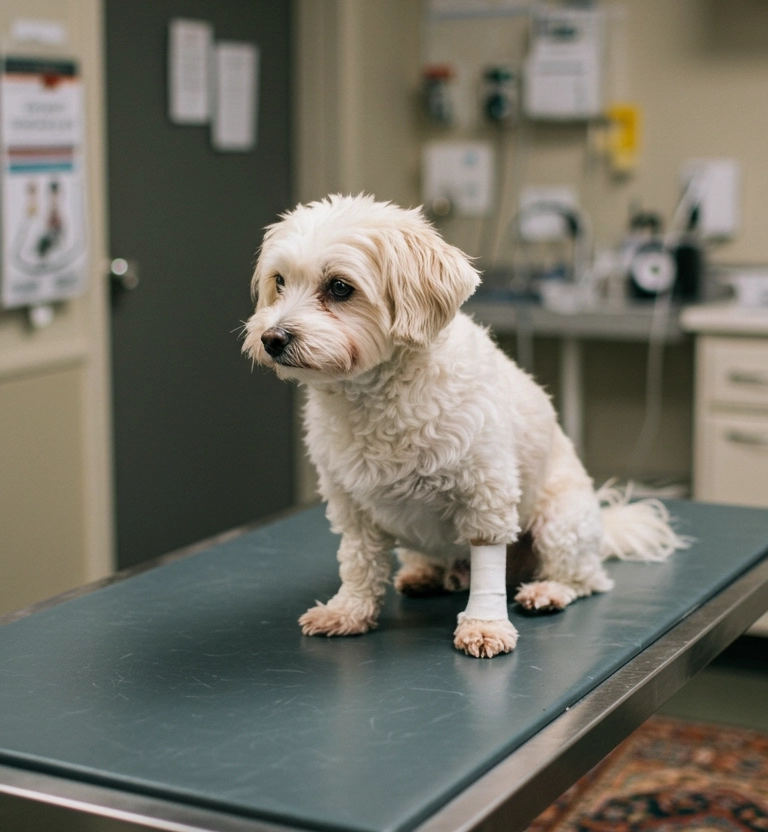 Small white dog on a vet table, looking unwell