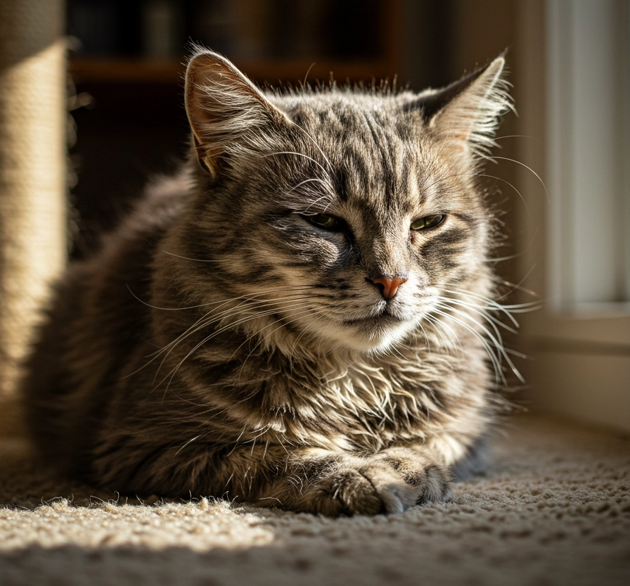 small hairy senior cat indoors