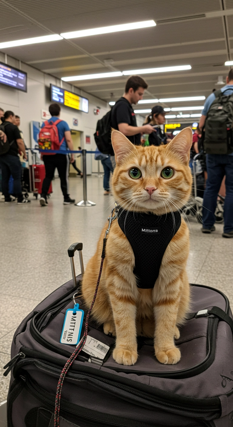 Small dog sitting in a pet carrier at the airport