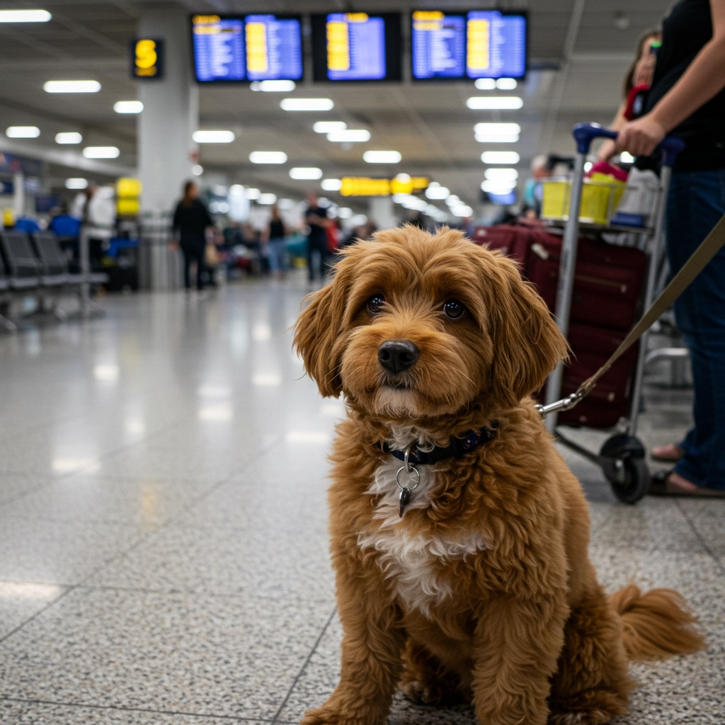 Fluffy brown dog sitting in a busy airport terminal