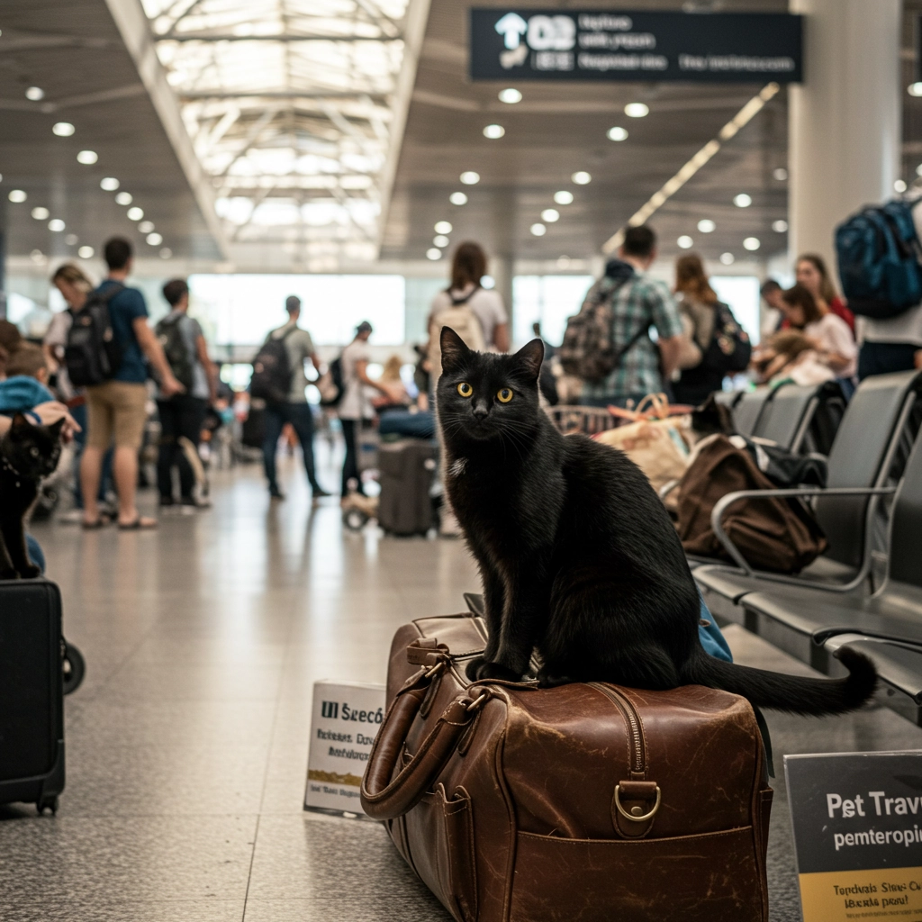 Black dog sitting on a suitcase in a crowded airport