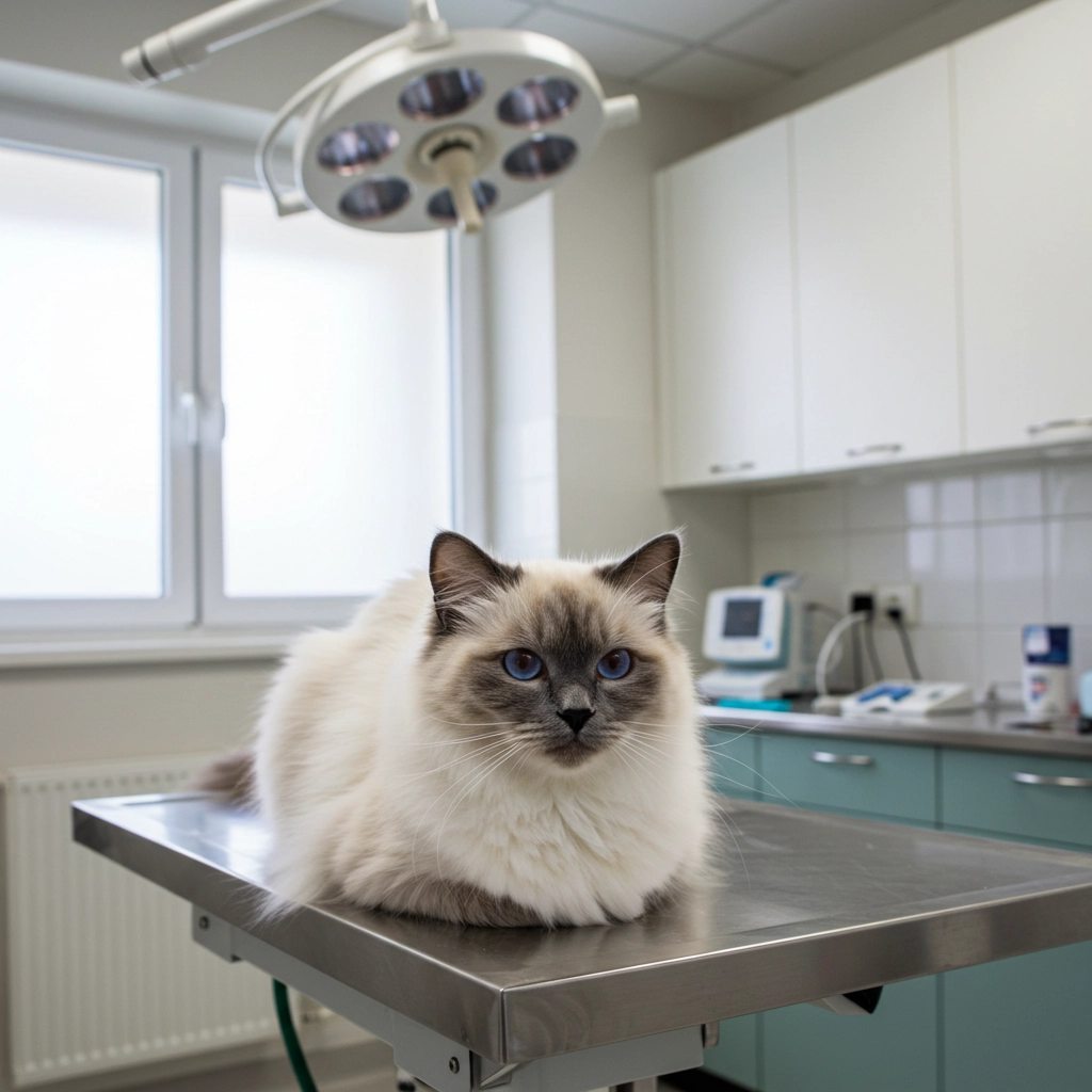Fluffy Siamese cat sitting on a veterinary examination table