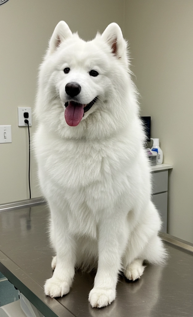 White Samoyed dog sitting on a stainless steel veterinary table